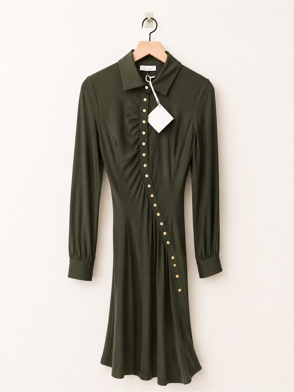 Paco Rabanne Olive Green Long Sleeve Dress with Gold Buttons Down Front